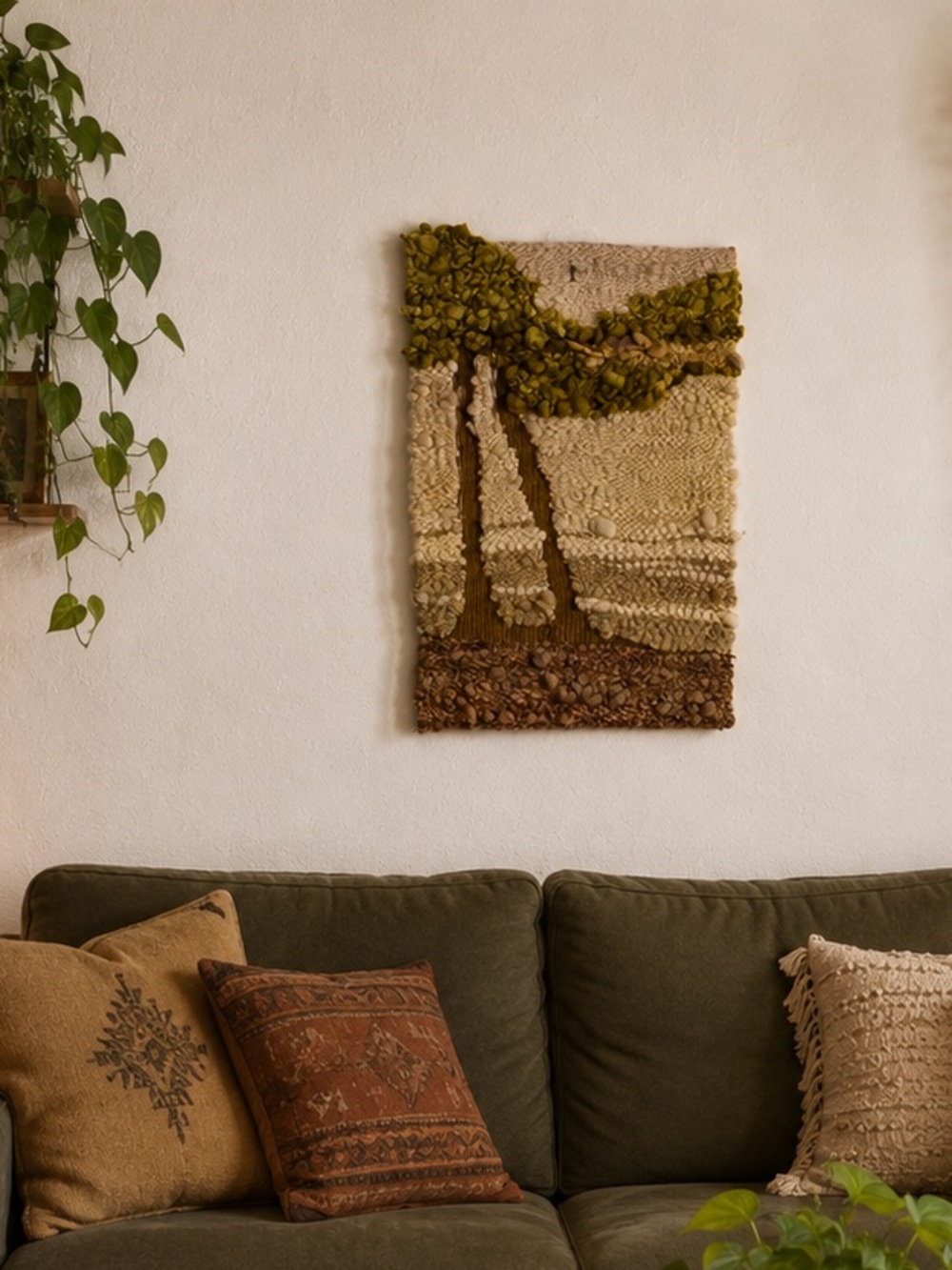 Vintage Woven Fiber Art Wall Hanging Boho Textile Tapestry Tree Bohemian Decor